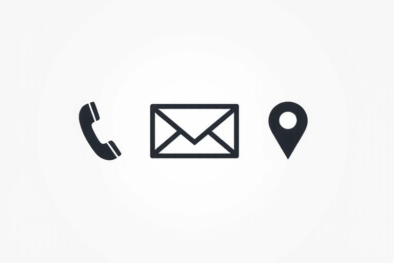 O imagine stilizată a unui plic de email, a unui telefon și a unei hărți, simbolizând opțiunile de contact. Designul este minimalist și modern.